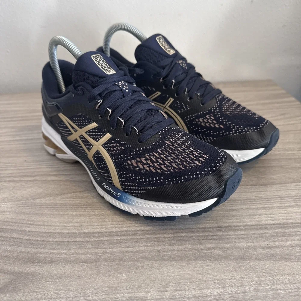 ASICS Gel Kayano 26 Flyte Foam Running Train Gym Shoes Navy/Gold Women's Sz 8
